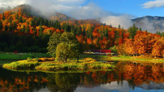 Lake trees mountain clouds house - bob thompson free wallpaper