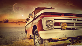 Red truck grass field trees - free retro wallpaper