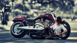 Woman sitting motorcycle street trees - great composition free wallpaper