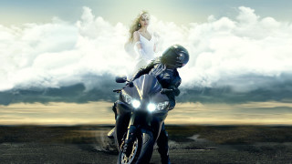 Woman motorcycle man desert clouds - a motorcycle next free wallpaper