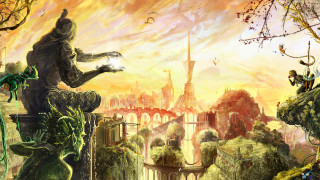 Man sitting statue city bird - solarpunk free wallpaper for desktop