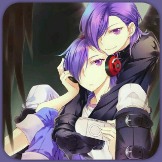 Anime couple hugging headphones camera - headphone free wallpaper for tablet