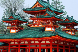 Large red building green roofs - eishōsai chōki free wallpaper