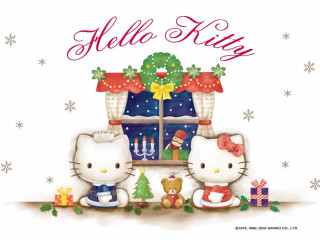 Hello kitty christmas teddy bear - front of a window free wallpaper