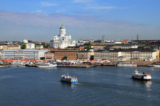 Harbor boats buildings skyline white - the background and a sky line in the foreground free wallpaper
