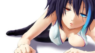 Woman blue hair laying hand - her leg up free wallpaper