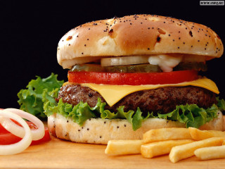 Hamburger cheese lettuce tomato onion 3 - a bun free wallpaper