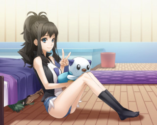 Woman sitting bed stuffed animal 4 - the peace sign free wallpaper