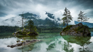 Lake mountains trees clouds rocks 2 - mountain and trees free wallpaper