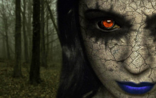 Creepy woman red eyes forest - dark art free wallpaper