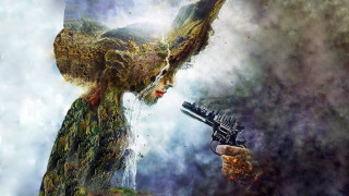 Woman gun pointing man bird - dystopian art free wallpaper