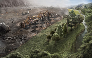 Field trees truck smoke sky - a large field free wallpaper