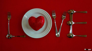 Heart cake plate forks knives - a red tablecloth free wallpaper