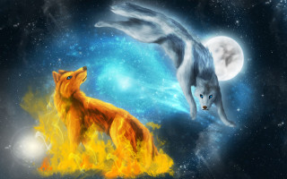 Wolf fox sky fullmoon fireball - fantasy artwork free wallpaper for desktop