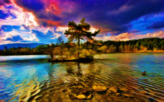 Lake tree cloudy sky painting - a tree in the middle of it free wallpaper