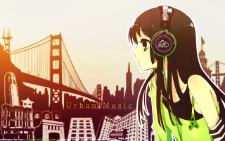 Girl headphones city skyline bridge - headphone free wallpaper for desktop