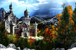 Castle forest mountains clouds sky - matte fantasy painting free wallpaper for desktop