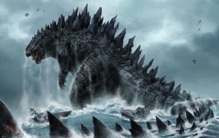 Godzilla sharks ocean boat water - adam rex free wallpaper