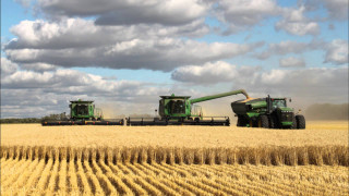 Green tractors wheat field clouds - white cloud free wallpaper