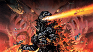 Godzilla attacking plane fire filled - overhead in the background free wallpaper
