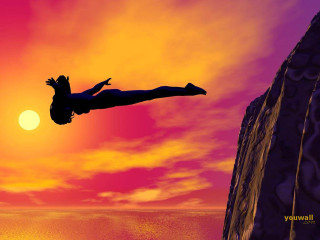 Cliff jumping ocean sunset pink - liminal space free wallpaper