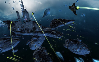 Sci fi fighter ship space 6 - a space station in the background free wallpaper