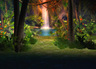 Waterfall tropical forest lush vegetation - a painting of a waterfall free wallpaper