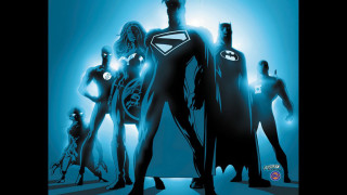 Superheroes standing line blue background - alex ross free wallpaper