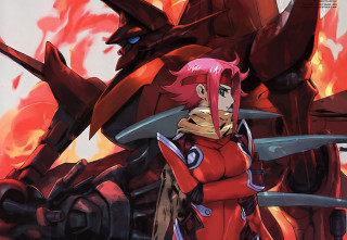 Woman red outfit giant robot - a giant robot free wallpaper