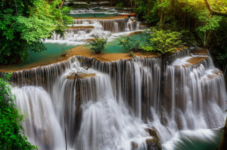 Waterfall abundant flowing trees nature - andrew law free wallpaper