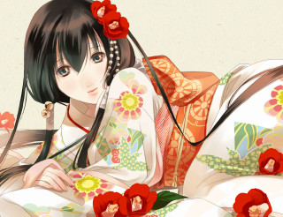 Woman kimono bed flowers hair - ayako rokkaku free wallpaper