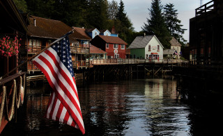 Flag dock river houses hanging - kodachrome free wallpaper
