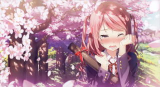 Girl pink hair sword tree - front of a tree free wallpaper