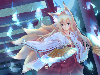 Anime fox girl blonde hakama - a fan free wallpaper