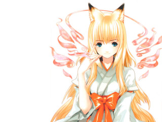 Girl blonde hair cat ears - a red bow free wallpaper
