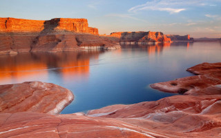 Lake red rocks cliffs blue - free sunset wallpaper for desktop