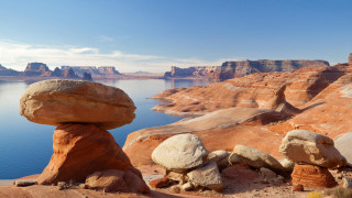 Rock formation lake mountains cliffs - mountain and cliffs free wallpaper