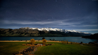 Night lake mountains stars trees - night sky free wallpaper for desktop