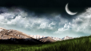 Grassy field crescent moon mountain - a mountain range in the background free wallpaper
