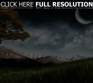 Full moon grassy hill tree - a detailed matte painting free wallpaper for tablet