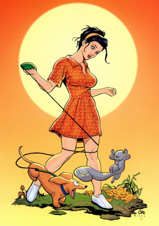 Woman dress walking dog leash - benjamin marra free wallpaper