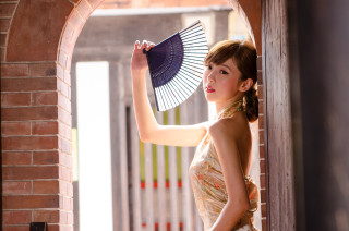 Woman dress fan doorway brick - a fan free wallpaper
