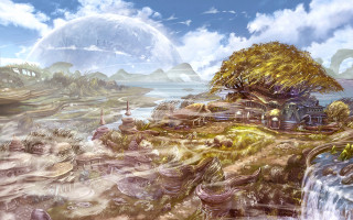 House island waterfall background painting - round free wallpaper for desktop