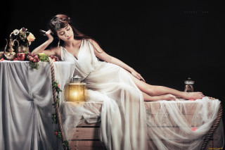Woman white dress sitting bed 9 - chen lin free wallpaper