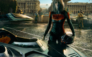 Futuristic woman motorcycle city building - a futuristic outfit free wallpaper