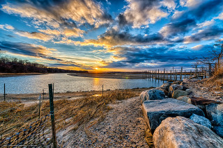 Sunset lake dock fence cloudy - hdr free wallpaper