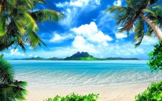 Tropical beach palm trees mountain - a tropical beach free wallpaper