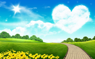 Path heart cloud field flowers - a heart free wallpaper for desktop