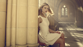 Woman white dress stone bench - christabel dennison free wallpaper for desktop