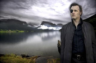 Man lake mountains clouds sky - matte painting free wallpaper for desktop